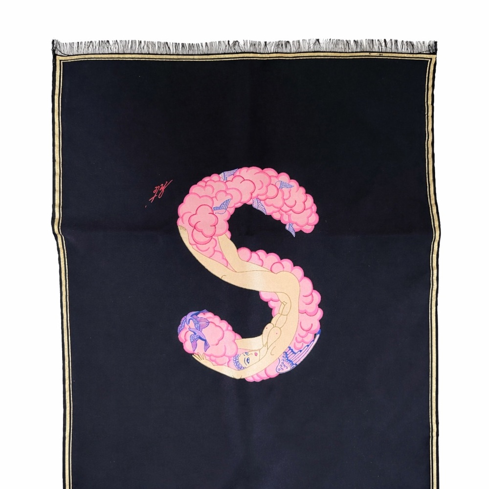 Black Vintage ERTE 100% Silk Signed Art Deco Letter "S" Scarf